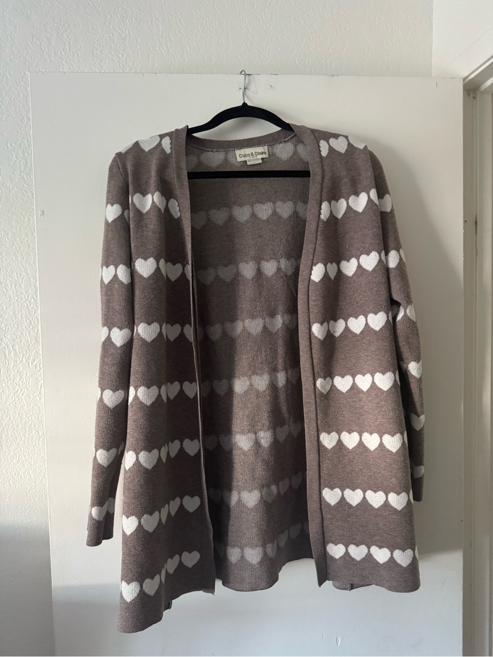Cozy Heart-Pattern Open Cardigan - Taupe/White